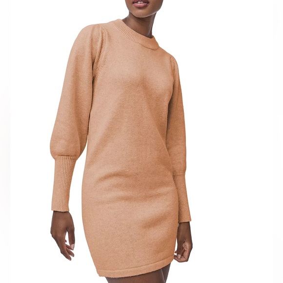 NWOT French Connection Babysoft Knit Camel Tan Balloon Sleeve Sweater Mini Dress - Picture 4 of 10